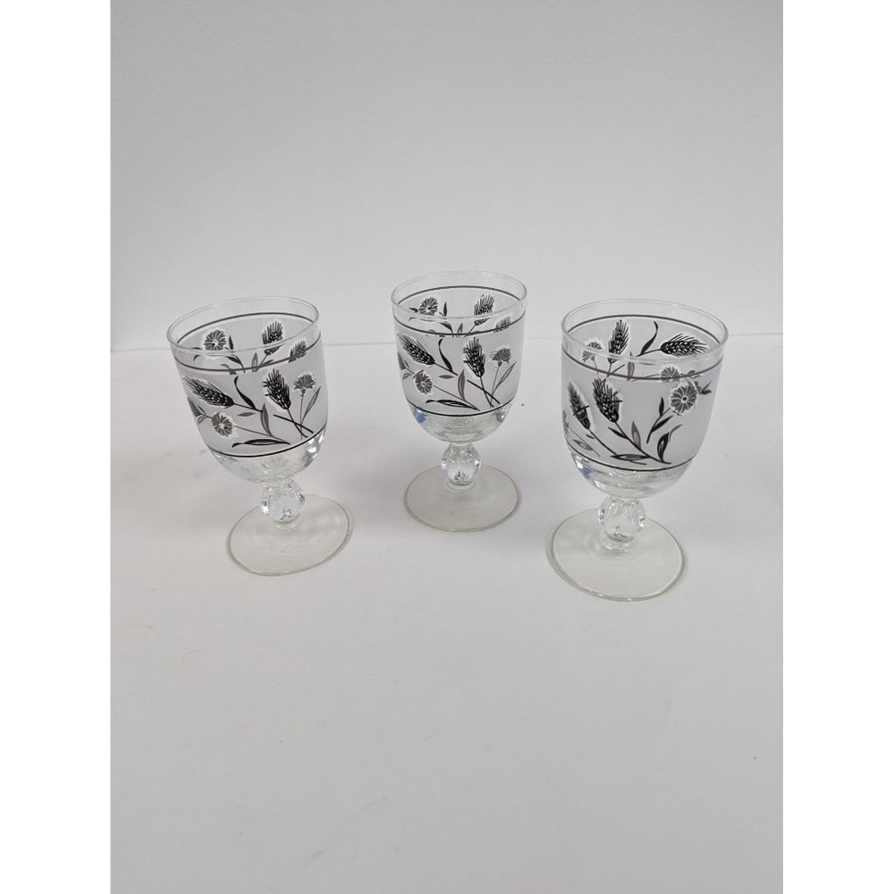 Set 3 Vintage Libbey Silver Wheat Frosted Glasses 5 1/2" by 2 7/8" Footed Stem